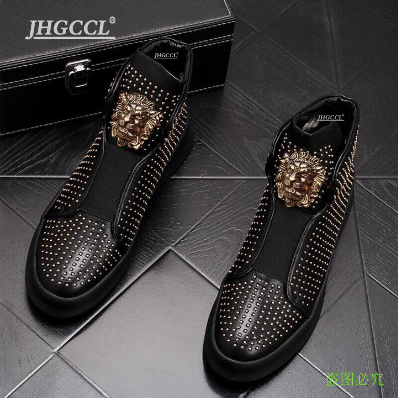 

Mens Designer Boots red banquet prom dress printing rivet shoe flat platform sneaker Women's casual Boot zapatos de hombre A25, Black