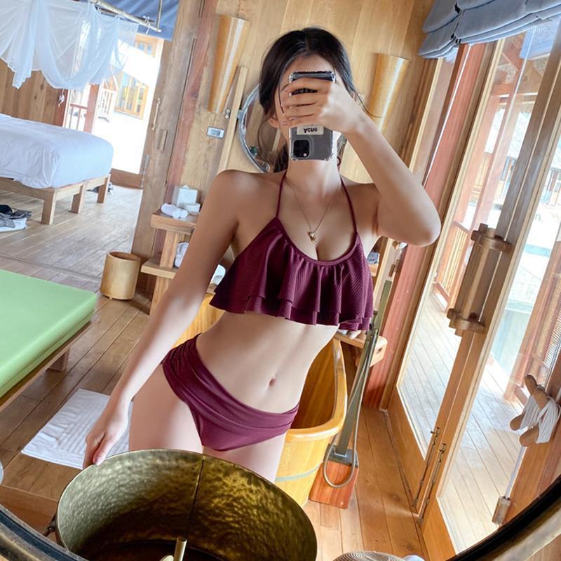 

Women's Swimwear Korean Style Low Waist Bikini Set Women Biquini Suit Two Pieces Ruffle Solid Swimsuit High Quality Beach 2021, Beige