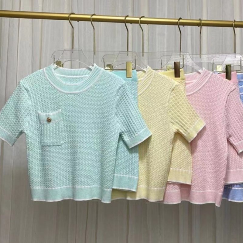 

2 Piece Set Women's Summer Knitted Solid Color O Neck Short Sleeve T-Shirt Top + Bodycon Mini Skirts Women Outfits 210518, Photo color