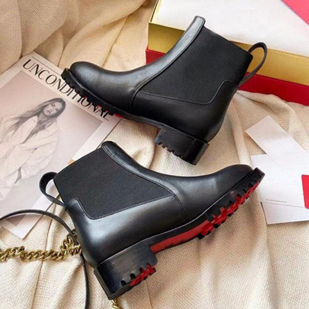 

High quality Women boot ankle boots red bottom highs heels chunky heeled booty Marchacroche Black Calfskin Leather Ankles Booties platform rubber soles Size35-43