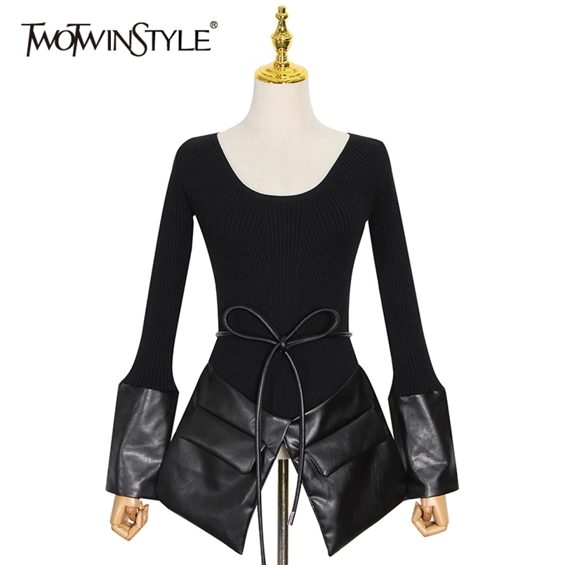 

Black Patchwork PU Leather Sweater For Women O Neck Long Sleeve Lace Up Bowknot Casual Sweaters Female Fashion 210524