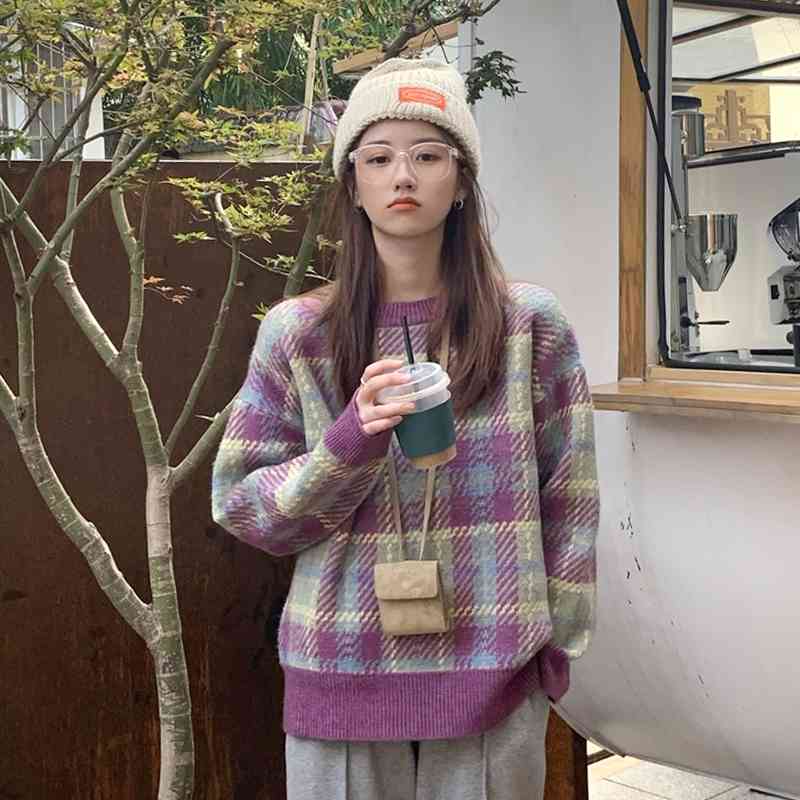 

WERUERUYU Women geometric knitted sweater women casual Houndstooth lady pullover sweater female Autumn winter retro jumper 210608, Photo color
