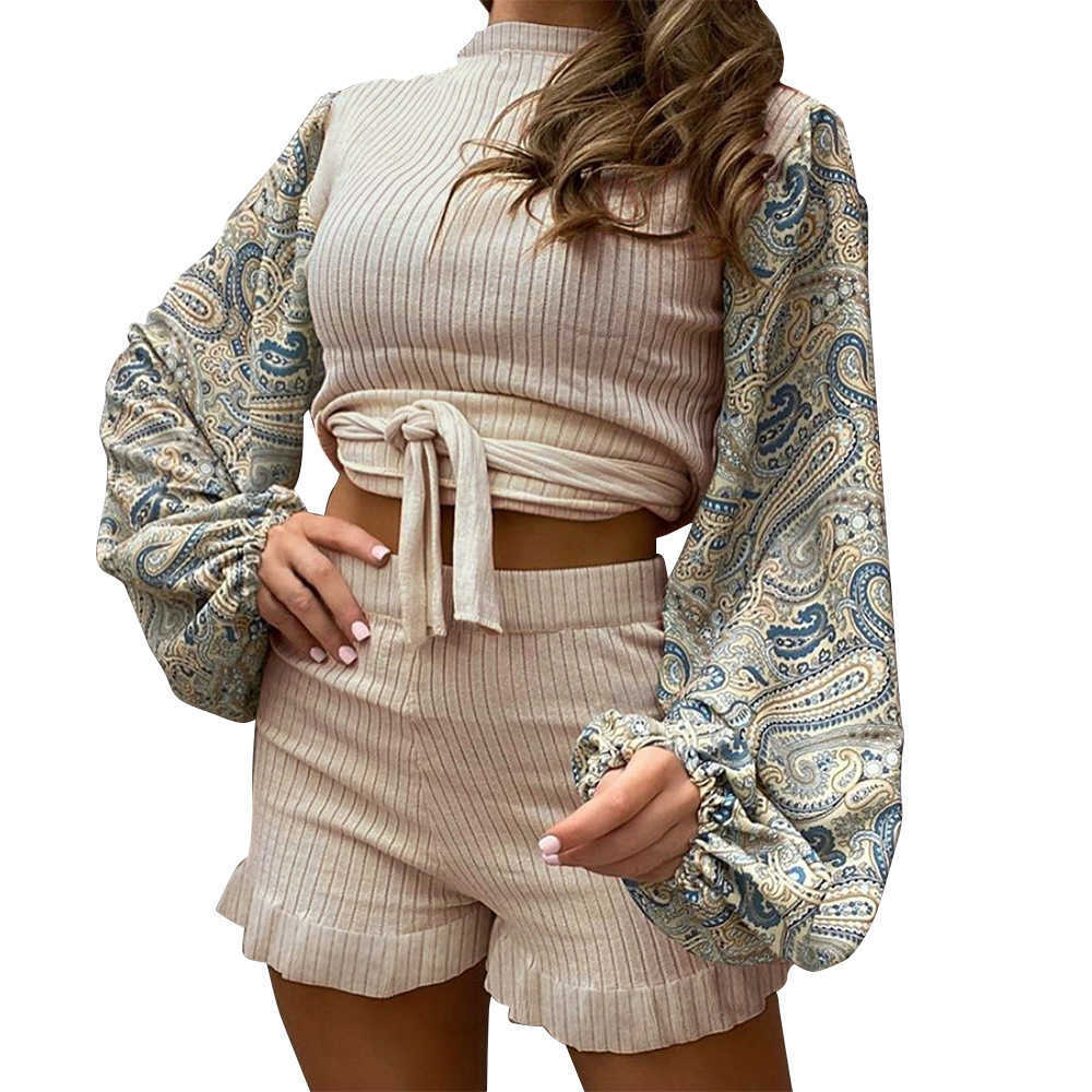 

Women 2 Pieces Sets Casual O-Neck Patchwork Print Lantern Sleeve Bandage Short Tops+High Waist Ruffles Slim Shorts Female Suits 210526, Gray