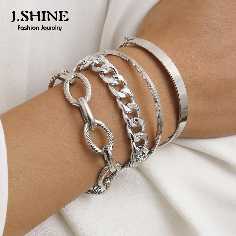 

Charm Bracelets JShine 4Pcs/Set Vintage Thick Iron Cuban Link Chain Set For Women Stacked Fashion Bracelet Bangles Punk Hand Jewelry