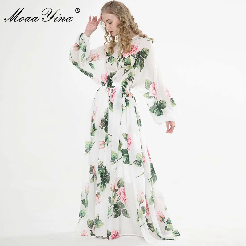 

Fashion Designer dress Spring Summer Women Dress Long sleeve lily Floral-Print Vacation Maxi Dresses 210524, White