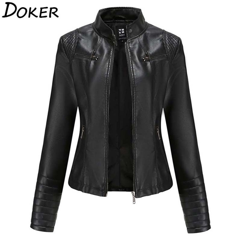 

Women Faux Leather Jacket Autumn Winter Long Sleeve Plus Size Fashion Ladies Solid Zipper Biker Coat Female Casual Outwear 211108, Red