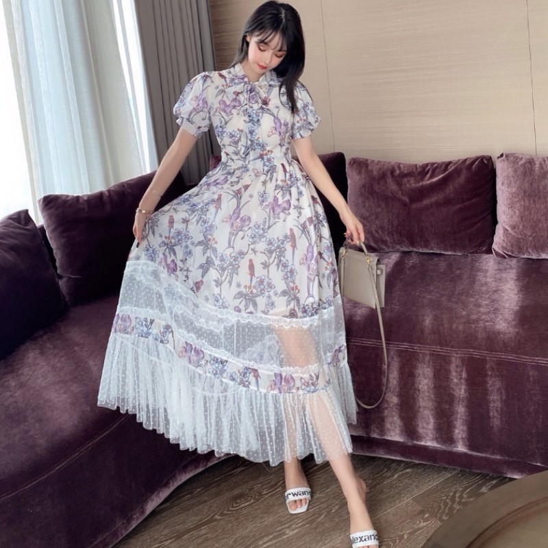 

Elegant Floral chiffon patchwork mesh dress summer women's ladies High waist short sleeve printed bow Lace-Up Ankle-Length dress 210518, Picture color