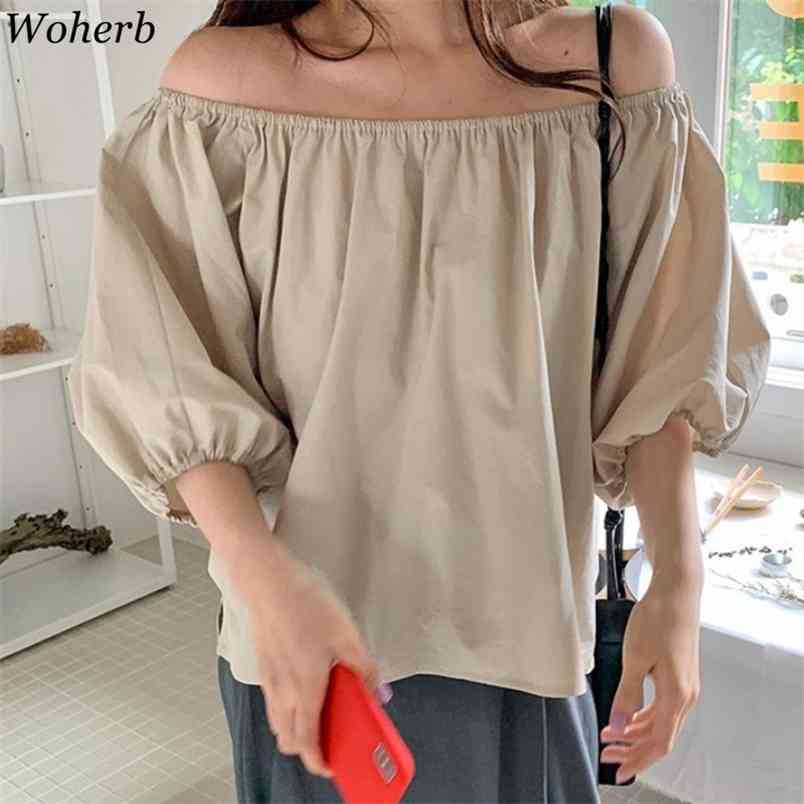 

Women Blouses Slash Neck Off Shoulder Lantern Sleeve Shirts Summer Blusas Back Single Breasted Loose Simple Tops 210519, Photo color