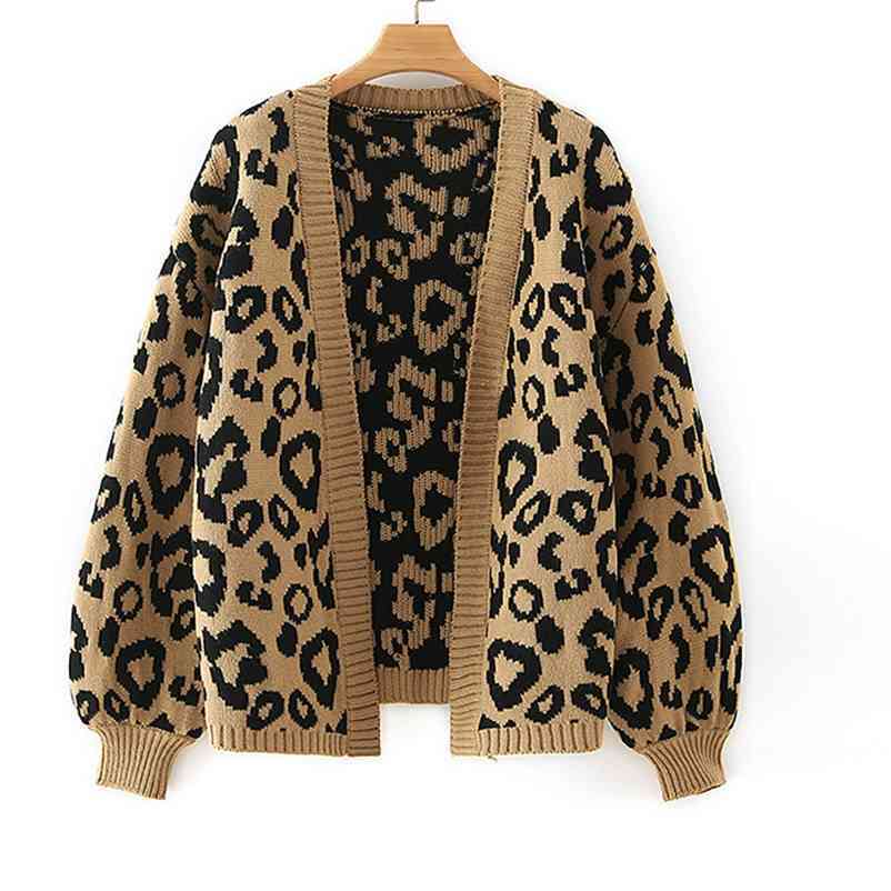 

Spring Open Stitch Leopard Loose Long Casual Women Sweater 210524, Camel
