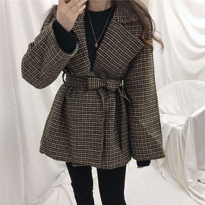 

Women' Wool & Blends Thousand Bird Lattice Coat Korean 2021 Autumn Winter Waist Closing Thickened Woolen, Black
