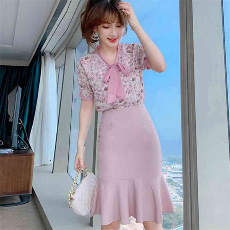 

Summer Women Sweet 2 Piece Set Pink Bow Tie Flower print Puff Sleeve Shirt Top + High Waist Bodycon Mermaid Skirt Outfit 210519, Photo color
