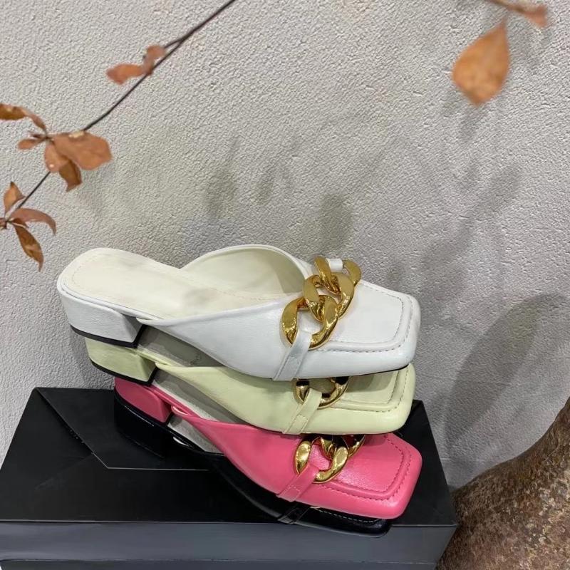 

Square Toe Women Sandals Slides Metal Chain Shallow Slip On Thick Mid Heels White Pink Black Yellow Elegant Heeled Shoes Slippers