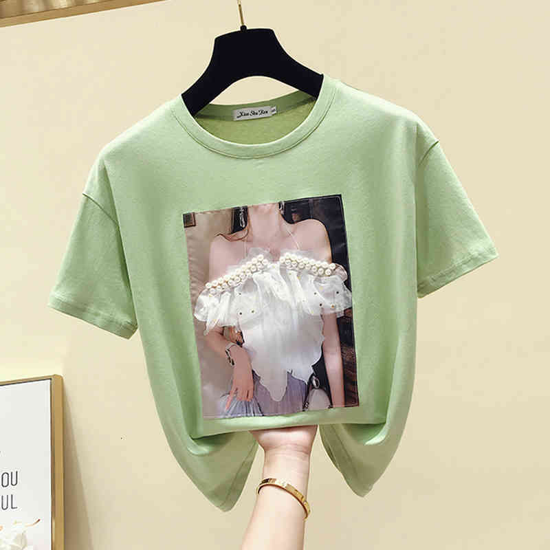 

Women' T-Shirt Beading Print T Women Clothes New Fashion Summer Tops Short Sleeve Tshirt Woman Korean Style Tee Femme KG73, Pink