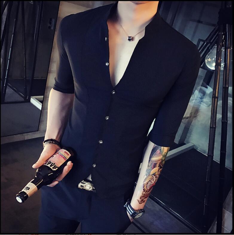 

Men's Jackets Men Shirts Stand Collar Chinese Style Shirt Slim Fit Korea Clothes Half Sleeve 2021 Summer Designer Club Soild, Black