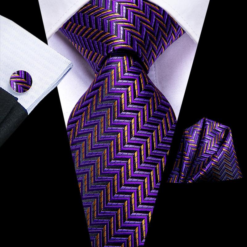 

Bow Ties Hi-Tie Purple Gold Striped Silk Wedding Tie For Men Handky Cufflink Set Fashion Designer Gift Necktie Business Party