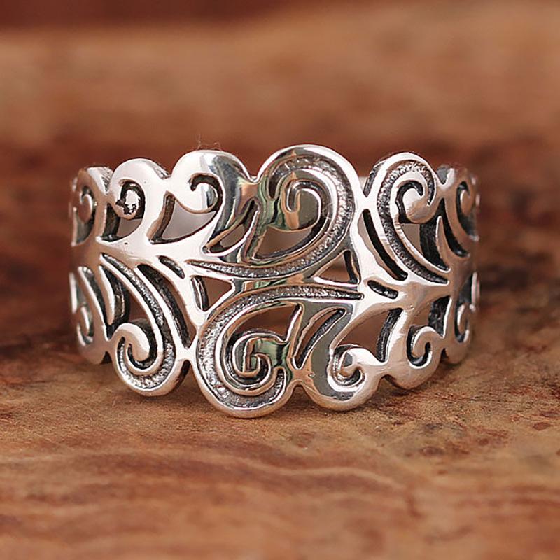 

Cluster Rings Terling Ilver No Mosaic Retro Distressed Hollow Pattern Wide Version Men And Women Couple Open Ring