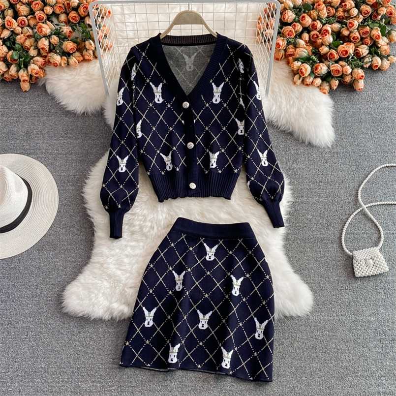 

Small Fragrance Vintage Knit Two Piece Set Women Sweater Cardigan Coat Crop Top + Mini Skirts Sets Fashion Casual 2 Piece Suits 211108, Blue