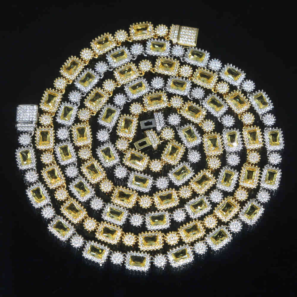 

High Quality Prong Set Solitaire Yellow cz Tennis Chain Necklace Men Iced Out Bling Crystal Charm Hip Hop Fashion Jewelry X0509