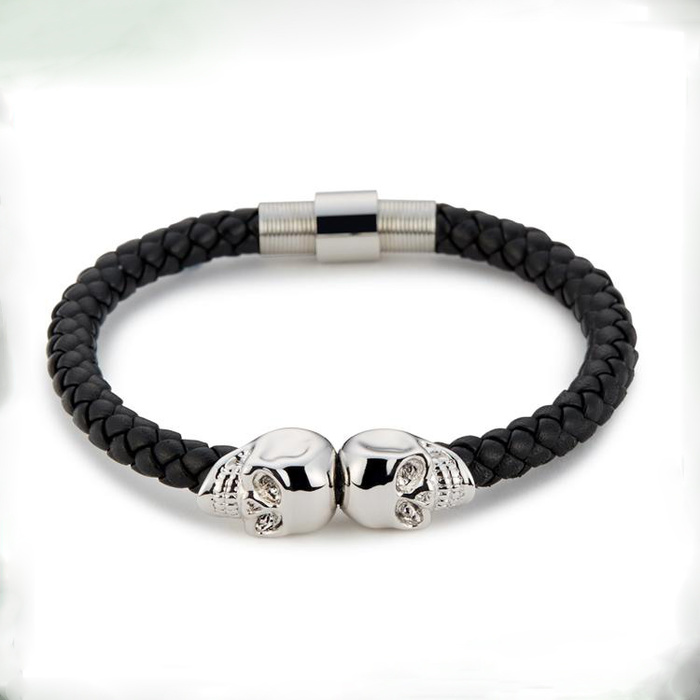 

2021 BC Jewelry Hot Selling Fashion Mens Genuine Leather Braided Northskull Bracelets Double Skull Bangle BC-002