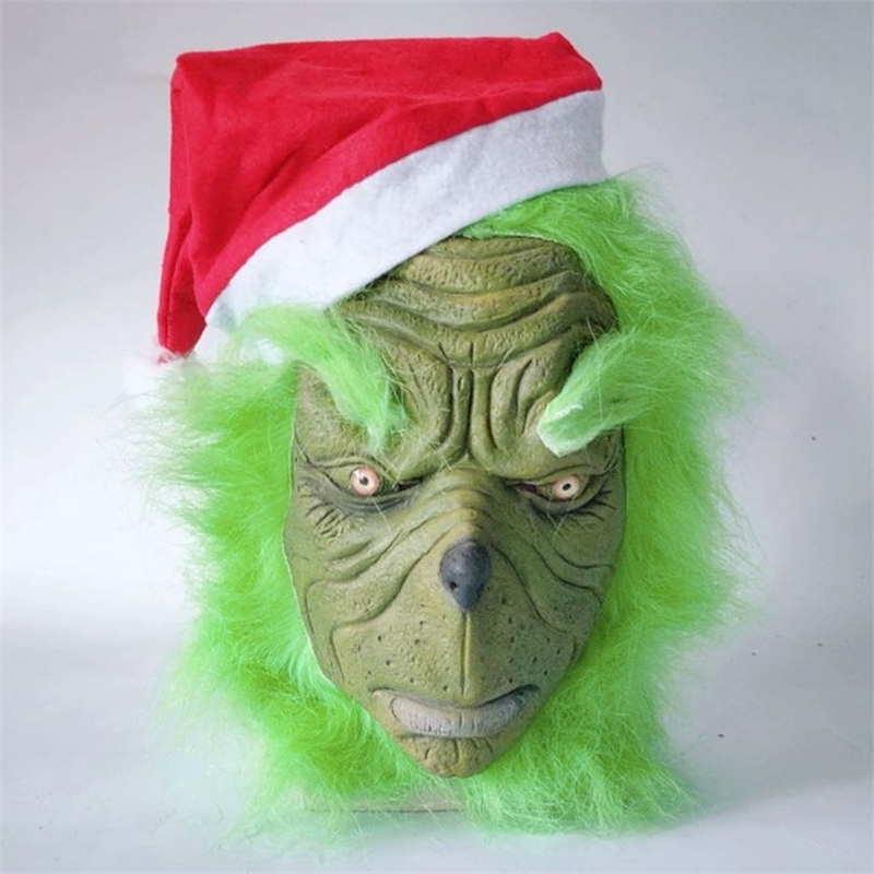 Green hair monster Grinch mask thief latex head set prank props Cosplay Christmas geek-image-736745511