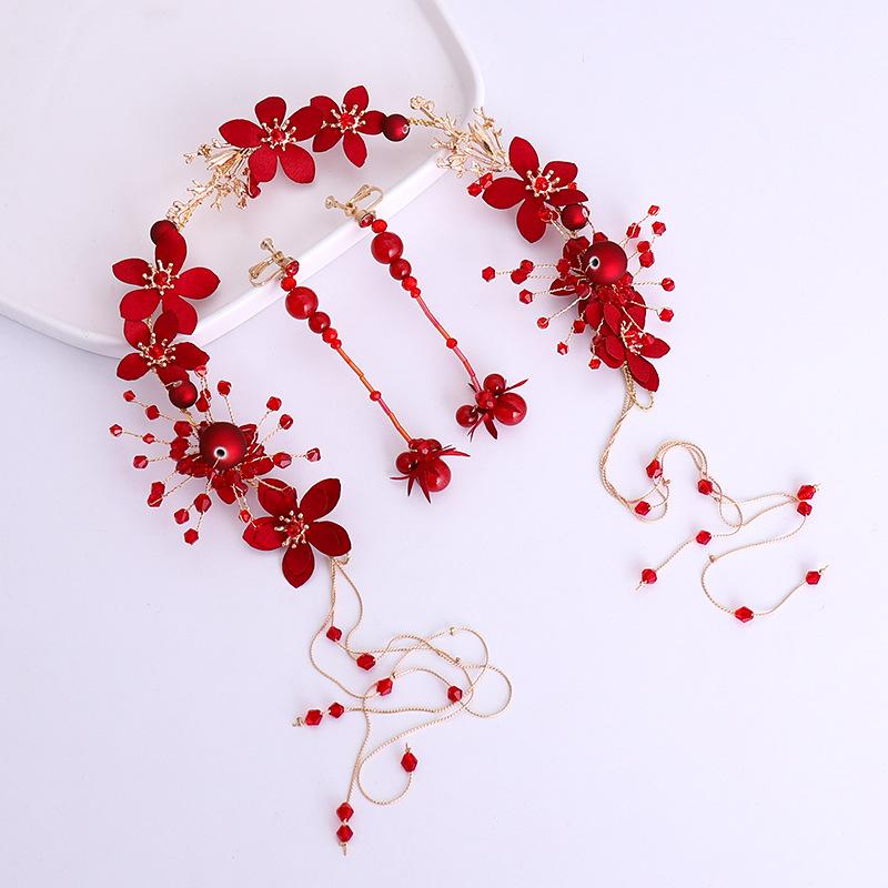 

Earrings & Necklace Chinese Wedding Hanfu Dress Headbands And Earring Bridal Jewelry Sets Red Flower Pearls Tiaras Crowns Tassel Hair Orname, As pic