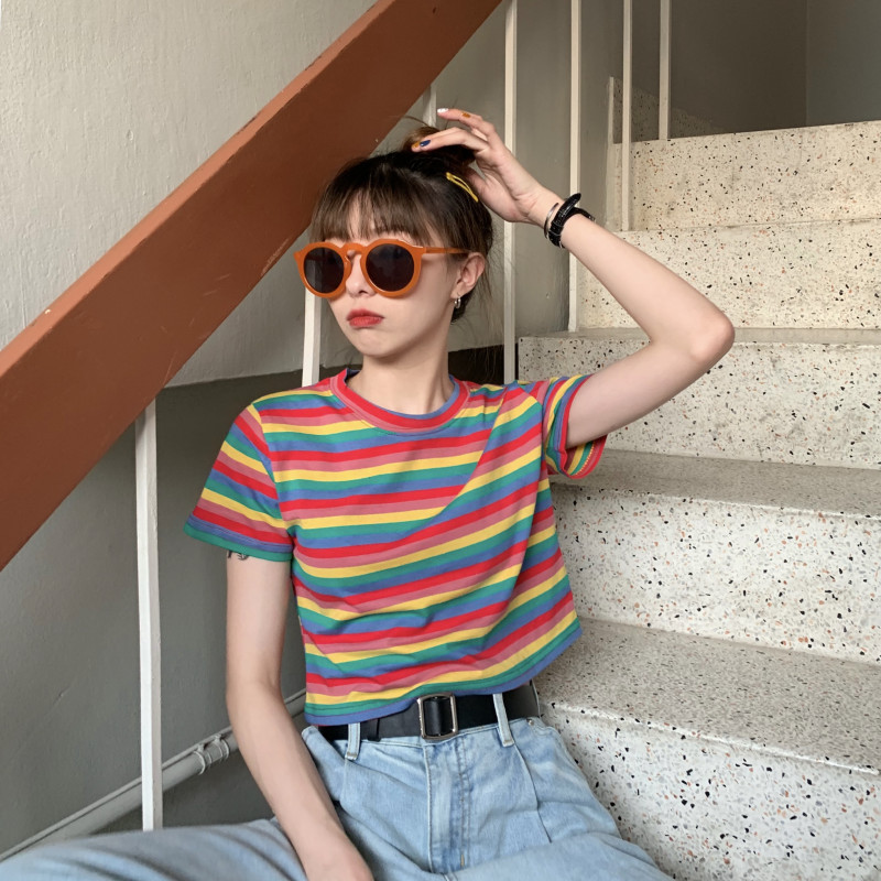 

Short Sleeve Printed Rainbow T shirt Women Striped Sweet Crop Top Summer Loose Korean Leisure Chic Girls T-shirt Sexy Streetwear Ulzzang Cute Women's