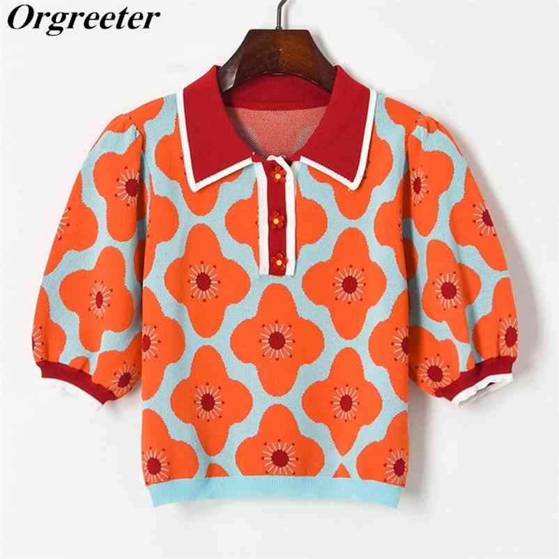 

Summer Lapel Color contrast Flower Jacquard Puff sleeve Knit Cropped Top Women Chic Button Thin Sweater 210830, Coral red