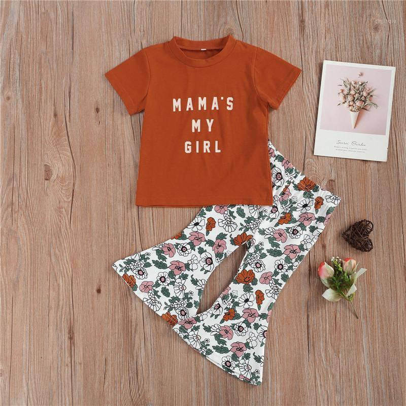 

1-6 Years Little Girls Outfit Sweet Style Letter T-Shirt Top Floral Printing Flared Trousers Set Summer Clothes Clothing Sets, White