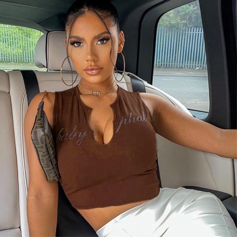 

Women's Tanks & Camis Summer Diamond Glitter Letters Crop Tops V-Neck Sleeveless Sexy Top Tees Slim Short Cropped Feminino Brown Chic Street, White