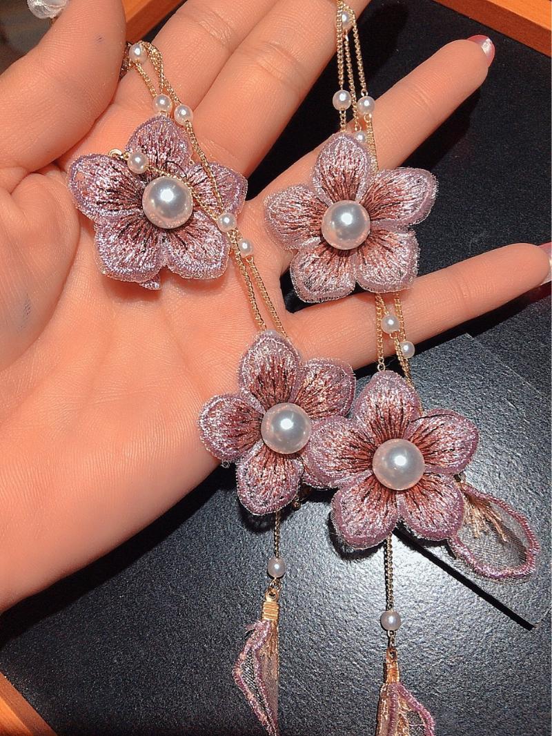 

Dangle & Chandelier Pearl Flower Tassel Earrings Summer Retro Design Long Earings Women Bohemian Fashion Jewelry, Silver
