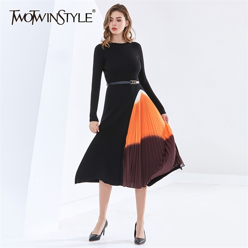 

Print Dress For Women O Neck Long Sleeve High Waist Sashes Ruched Loose Vintage Mid Dresses Female Autumn 210520, Black