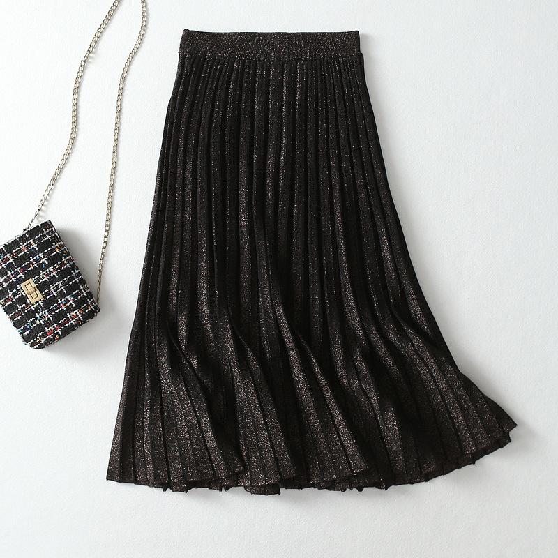 

Skirts Women High Quality 2021 Autumn Winter Ladies Elegant Slim Waist Shiner Thick Warm Pleated Midi Skirt Outfits, Brown