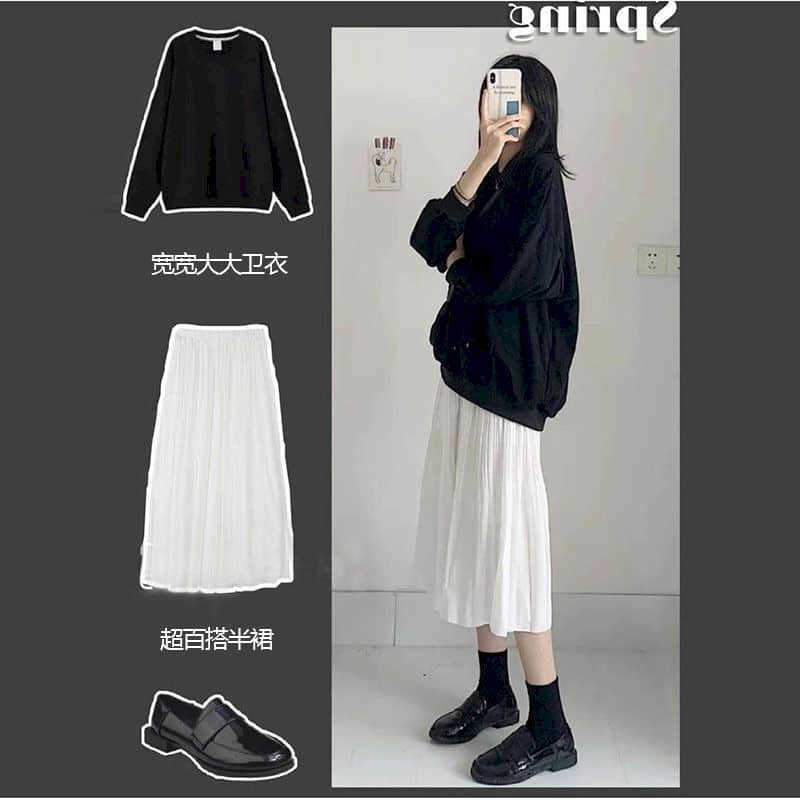 

Spring student Hong Kong style suit female fashion sweater + pleated skirt two-piece elegant college streetwear 210526, Black white
