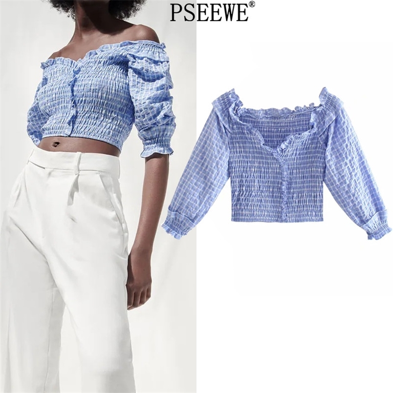 

Women Blouse Textured Blue Plaid Off Shoulder Crop Top Woman Elastic Ruffle Ruched Long Sleeve Summer Blouses 210519