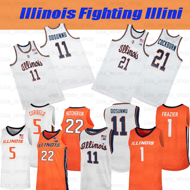 

Illinois Fighting Illini College Basketball 1 Trent Frazier 11 Ayo Dosunmu 21 Kofi Cockburn 33 Coleman Hawkins Jerseys, Orange ii