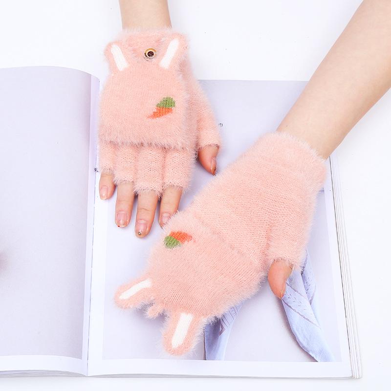 

Five Fingers Gloves Winter For Women Cashmere Thicken Warm Flip Fingerless Cartoon Embroidery Knitted Student Writing Cold
