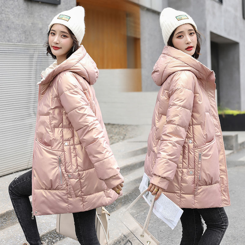 Bright Face Down 2021 Winter New Wash Free Women's Middle and Long Slim Fitting Korean Hooded Jacket Cotton Clothes