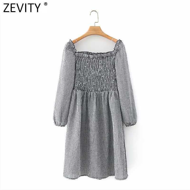 

Zevity Women Vintage Square Collar Plaid Print Slim Elastic Mini Dress Female Three Quarter Sleeve Ruffles Vestido DS4994 210603, Fxjc ds4994