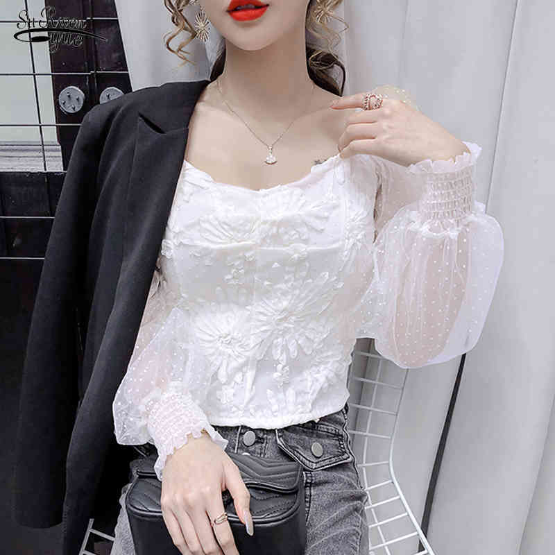 

Early Autumn Fashion Sexy Mesh Stitching Waist Hugging Slimming Lantern Sleeve Square Collar Tops Chemisier Femme 11420 210521, Pink