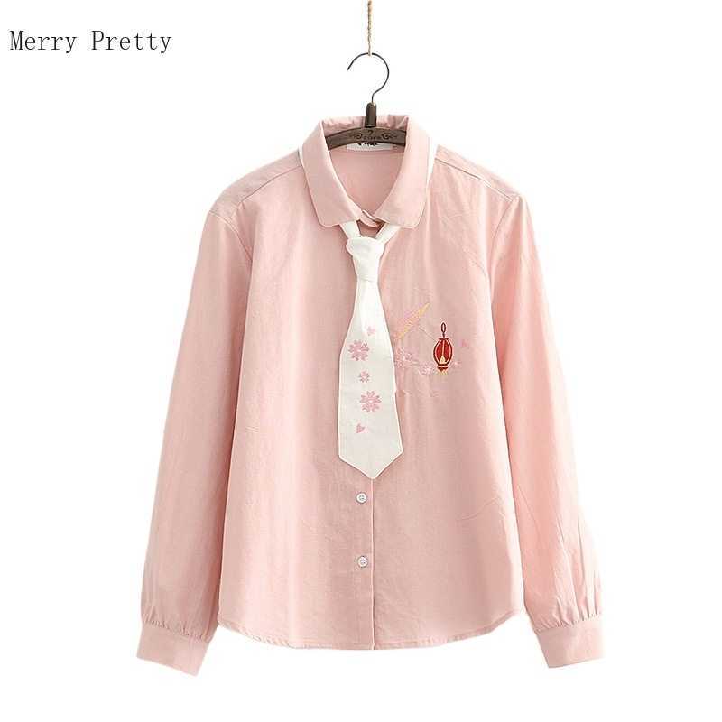 

Pink Floral Graphic Embroidery Blouse With Tie Women Summer Long Sleeve Turndown Collar Shirts Female Casual Harakuju Top 210526, White