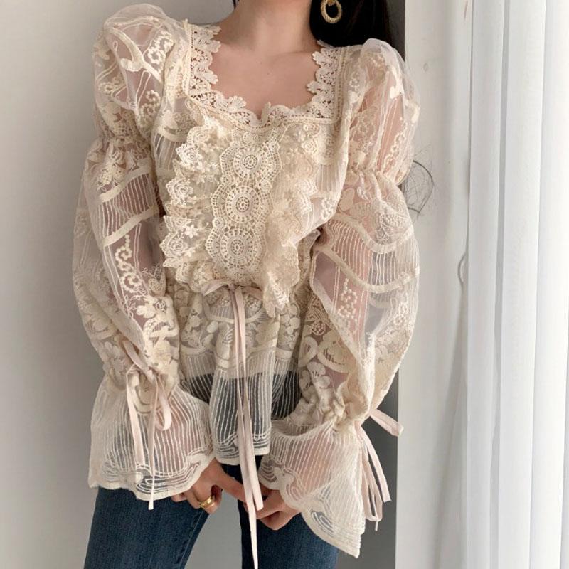 

Women's Blouses & Shirts French Square Collar Sweet Lace Blouse Women Autumn Flower Flare Sleeve Waist Lace-up Vintage Crochet Tops 15592, White