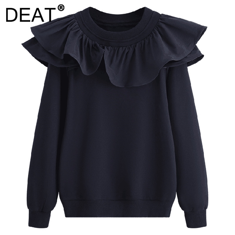 

[DEAT] Women Pullovers Loose Ruffles Round Neck Long Sleeve Solid Color Casual Sweatshirt Autumn Fashion 13Z1655 211109, Black