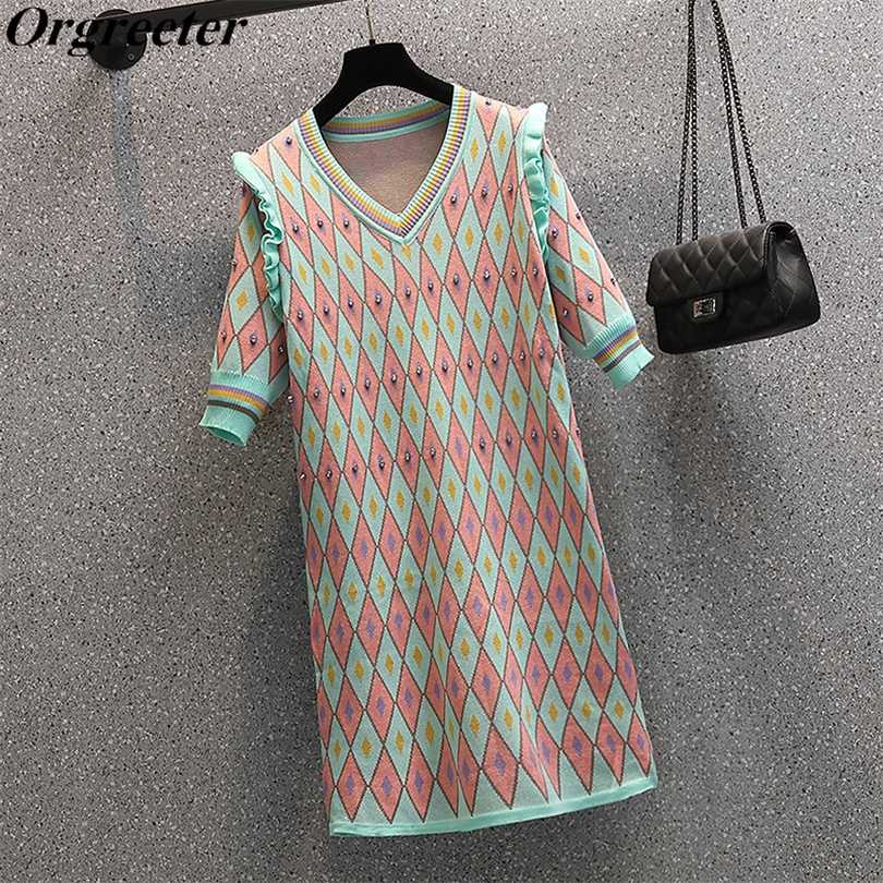 

Summer Beading Rhombus lattice stitching Knitted Dress for Women V-neck Ruffles Short Sleeve Loose Sweater 211110, Multi