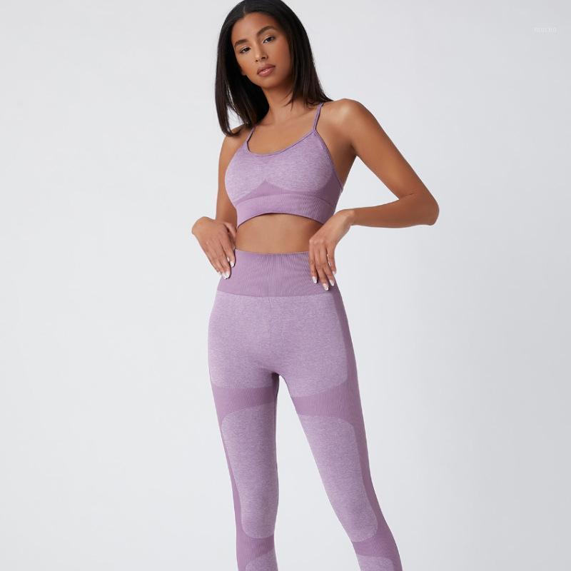 

Seamless Yoga Set Women Fitness Clothing Sportswear Woman Push-up Strappy Sports Bra And Gym Leggings 2 Pcs Workout Suits Outfit, Purple
