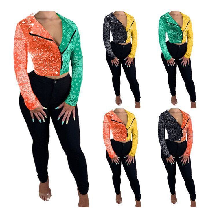 

Women' Jackets Bandana Print Color Patchwork Short for Women Zipper Turn Down Collar Long Sleeved Coat Fashion Outwear 8WOR, Black orange