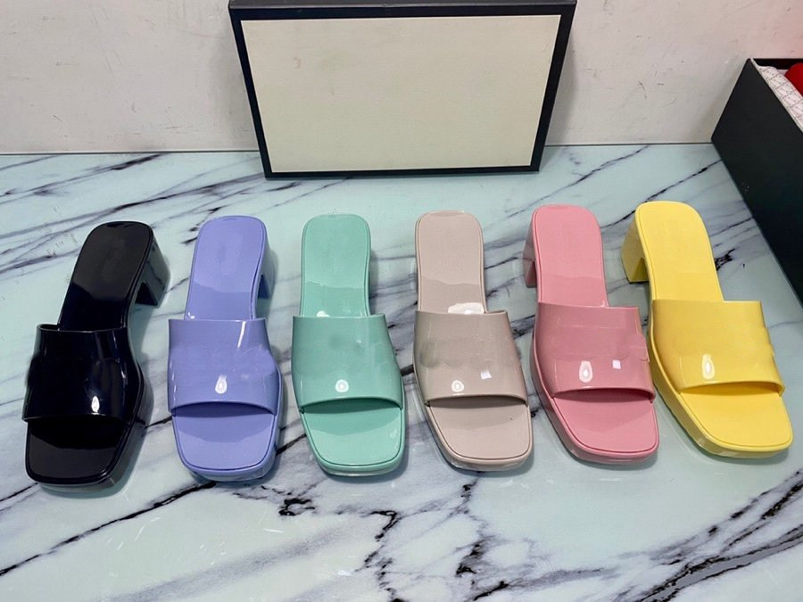

Women fashion jelly slippers Slide Sandal 6cm Platform Slipper Pink Green Candy Colors Outdoor Beach Slides Flip Flops With Box