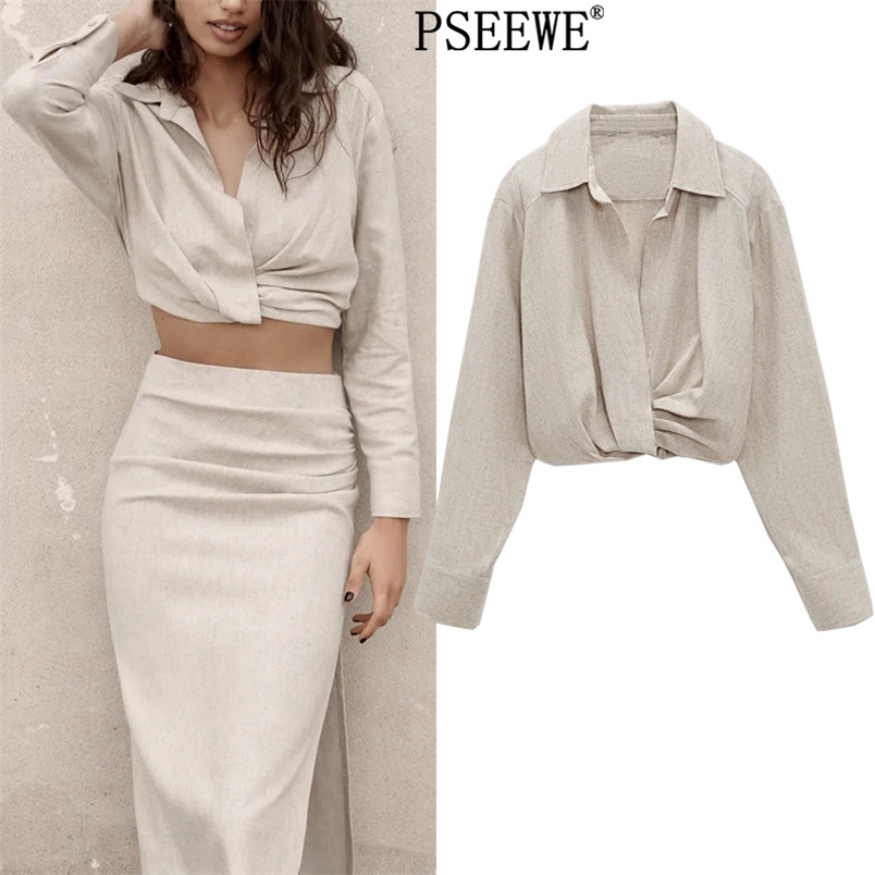 

Linen Blend Pleats Crop Top Women Spring Fashion Collared Long Sleeve Woman High Street Chic Blouse 210519, Khaki