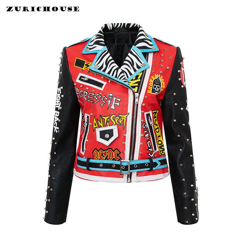 

Women's Leather & Faux ZURICHOUSE Streetwear Graffiti Print PU Rivet Jacket Women Slim Short Punk Style Motorcycle Coat Mujer, Black