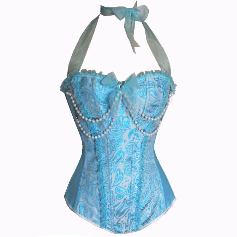 

Bustiers & Corsets Sexy Womens Light Blue Halter Lace Corset Waist Trainer Body Shapewear Beading Bustier Cincher Pearl Corselet, Sky blue
