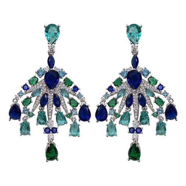 

Luxury chopin Dangle & Chandelier Green diamond fan zircon crystal fairy chop@rd earrings Crysta emerald exaggerated retro, Silver